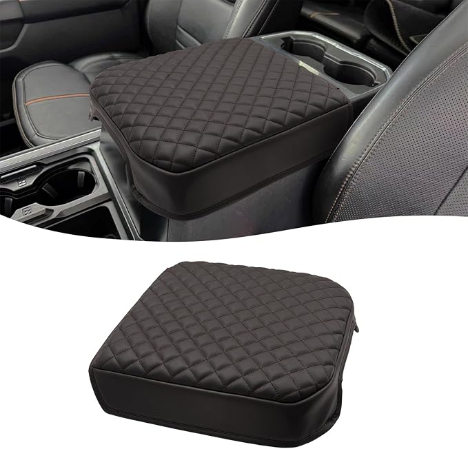 Center Console Armrest Cover for Ford F250 F350 F450 F550 Super Duty 2023 2024 2025 2026, Vinyl Leather Trim, Arm Rest Lid Cushion Protector, Anti-scratch, Dark Brown (Fits Bucket Seat Console Only)
