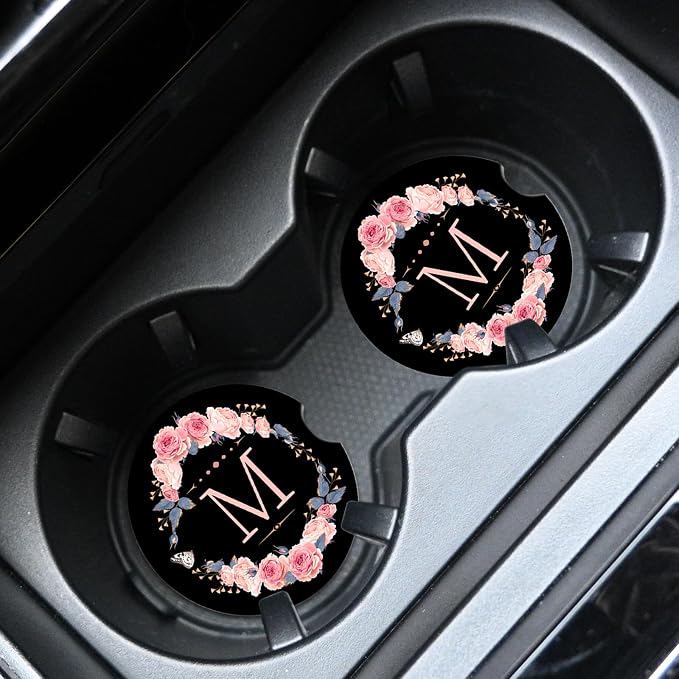 2pcs Letter M Car Coasters,Absorbent Universal neoprener Cup Holder Coasters with a Finger Notch,Car Accessories for Women&Man Interior，2.75"