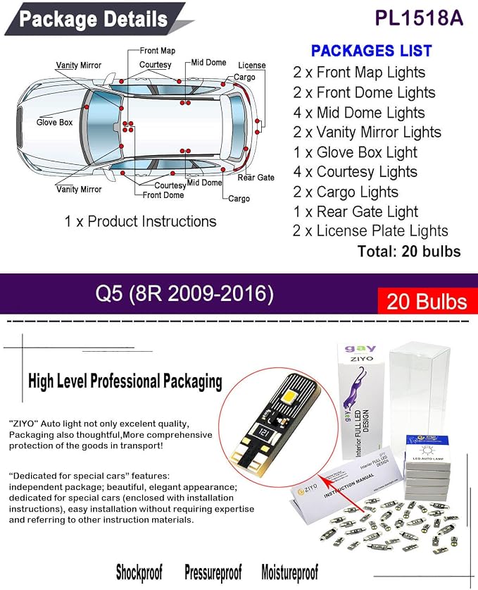 PL1518A - (20 Bulbs) LED Interior Light Kit Package Replacement for AUDI Q5 2009-2016 + License Plate Light Bulbs Package, White Dome Lights Upgrade Error Free
