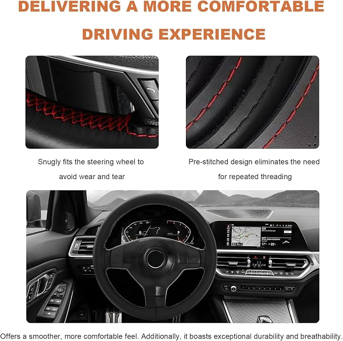 Genuine Leather Steering Wheel Cover, 15 Inch Stitch on Wheel Wrap with Needles & Threads, Breathable Steering Wheel Protector DIY Sewing Wrap for Car Truck SUV (Black, Glossy)