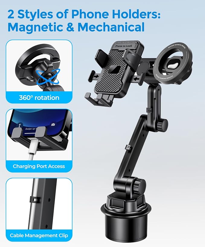Dual Cup Holder Phone Mount for Car, MagSafe & Clamp Holder | Dual Cup Holder Phone Mount for Car, MagSafe & Clamp Holder, 360° Long Arm, Fits iPhone 12-17 & 4-7.2" Phones