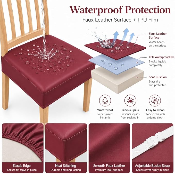 NILUOH Waterproof Seat Covers for Dining Room Chairs Set of 6, Pu Leather Chair Seat Slipcovers Dining Chair Cover Removable Washable Chair Protctor Cover, Rear Covers (PU-Red Wine)
