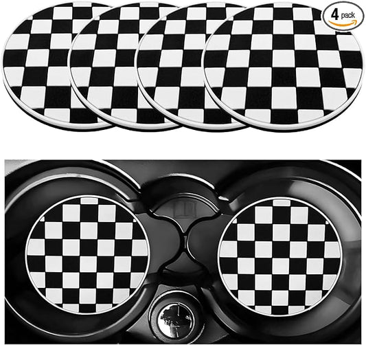 DXNQ 4 PCS Car Cup Coasters, 2.76 Inch Anti-Slip Checkered Vehicle Cup Holder Insert Coasters, Auto White & Black Drink Cup Mats for Front Console Cup Holders, Car Accessories (Checkerboard)