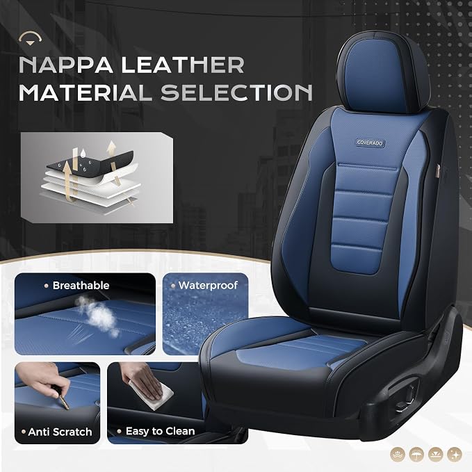 Coverado Car Seat Covers Full Set, Nappa Leather Seat Covers for Cars, Car Seat Protector Car Seat Cushion, Front and Back Seat Protectors Cushions Universal Fit for Most Cars Vehicles(Black&Blue)