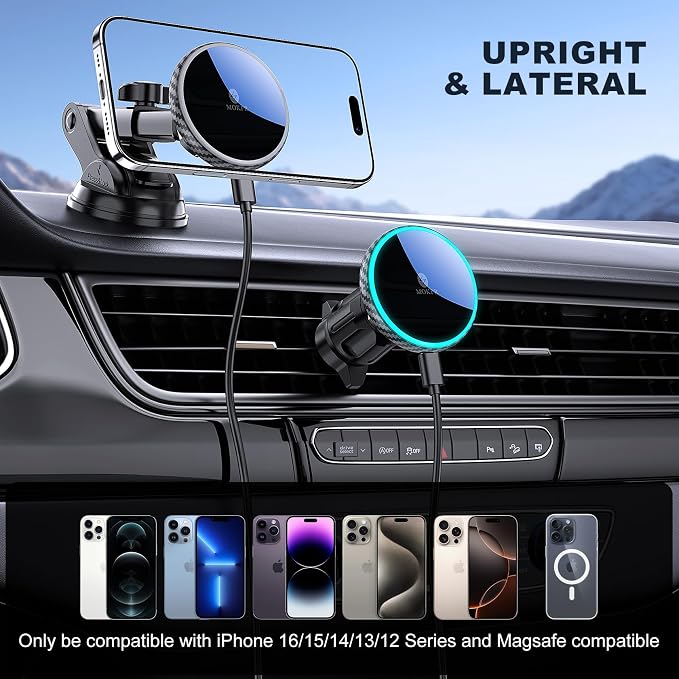 MOKPR Only for iPhone Magsafe Car Mount Charger, Magnetic Phone Holder for Your Car Charger Dash Windshield Vent Magnetic Wireless Car Charger Mount for iPhone 17 16 15 14 13 12 Carbon Firber