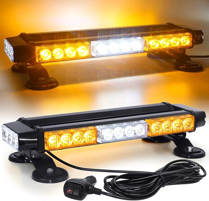LINKITOM LED Strobe Flashing Light Bar -Double Side 30 LED High Intensity Emergency Hazard Warning Lighting Bar/Beacon/with Magnetic for Vehicle Trucks Roof Safety (Amber&White)