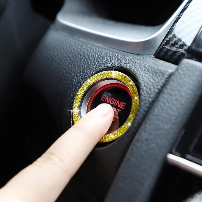 WINKA 2pcs Bling Car Engine Start Button Cover Diamond Crystal Push Start Stop Button Ring Sparkly Bling Ignition Button Cover Rhinestone Keyless Ignition Ring Universal Car Accessories (Yellow)