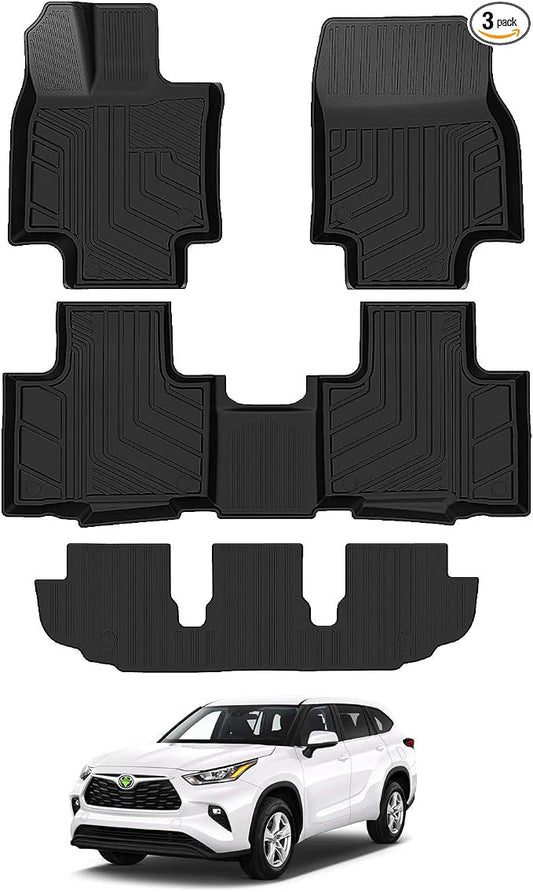 T TGBROS Floor Mats for 2020-2024 2025 2026 Toyota Highlander Accessories (W/2nd Row Bench or Bucket Seats w/Center Console) All Weather Floor Liners 3 Row Set TPE Non-Slip Black