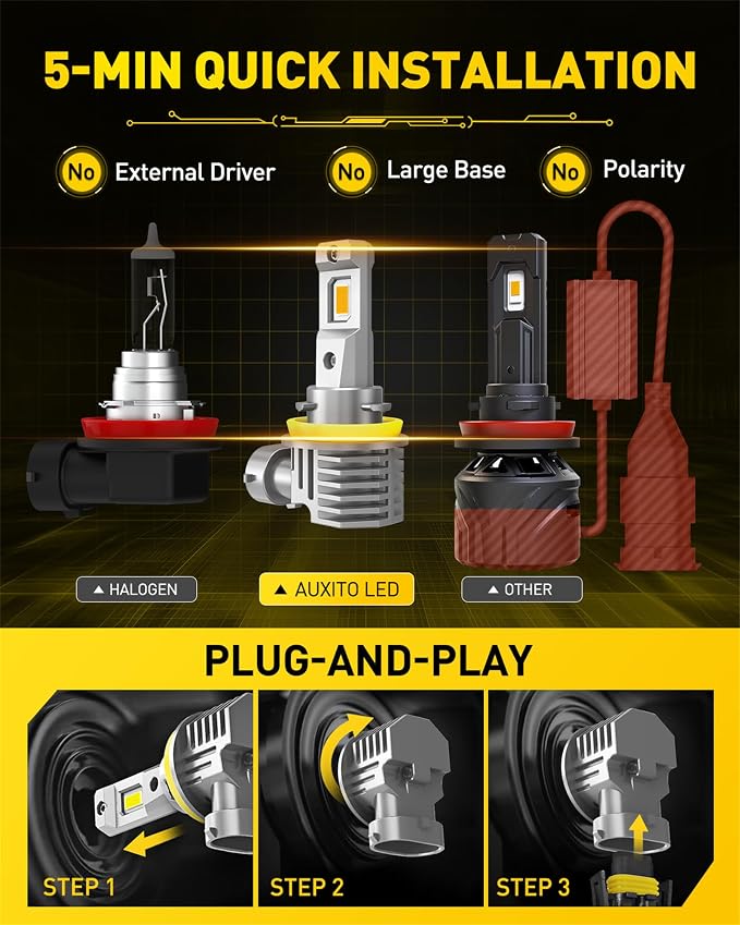 AUXITO H11/H8/H16 Yellow LED Fog Light Bulbs, 800% Brightness 3000K Amber Yellow Driving Fog lights, 1:1 Mini Size Front Fog Lamps, Non-polarity, Play and Plug (Pack of 2)