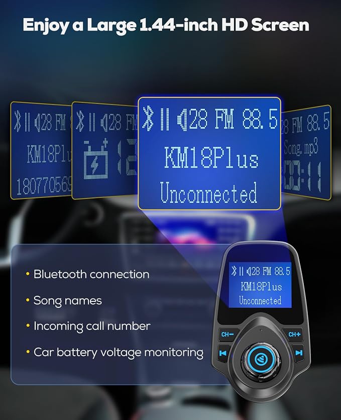 Nulaxy KM18plus Bluetooth 5.4 Car FM Transmitter,1.44" Large Screen Wireless Radio Adapter with 48W Dual Fast Charging (PD 30W & QC 18.0), Hands-Free Call, Matte Black