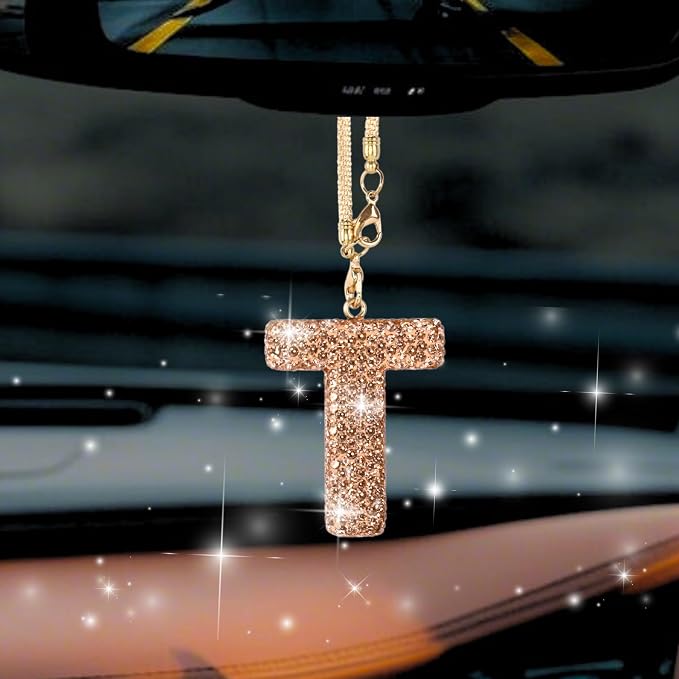 Bling Car Accessories for Women Letter Charm, Rainbow Crystal Rearview Mirror Pendant, Cute Diamond Rhinestone Car Decor, Lucky Gift for Women(T, Champagne Gold)