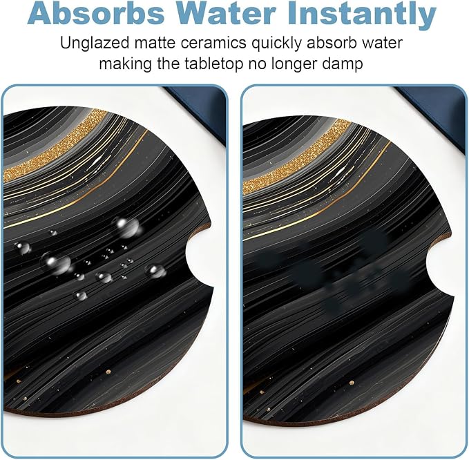 Car Cup Holder Coaster Set of 2, 2.56 in Ceramic Coasters, Scratch-Resistant Cork Backing, Finger Groove Design for Easy Placement, Cute Car Accessories Interior for Women (Black Marble)