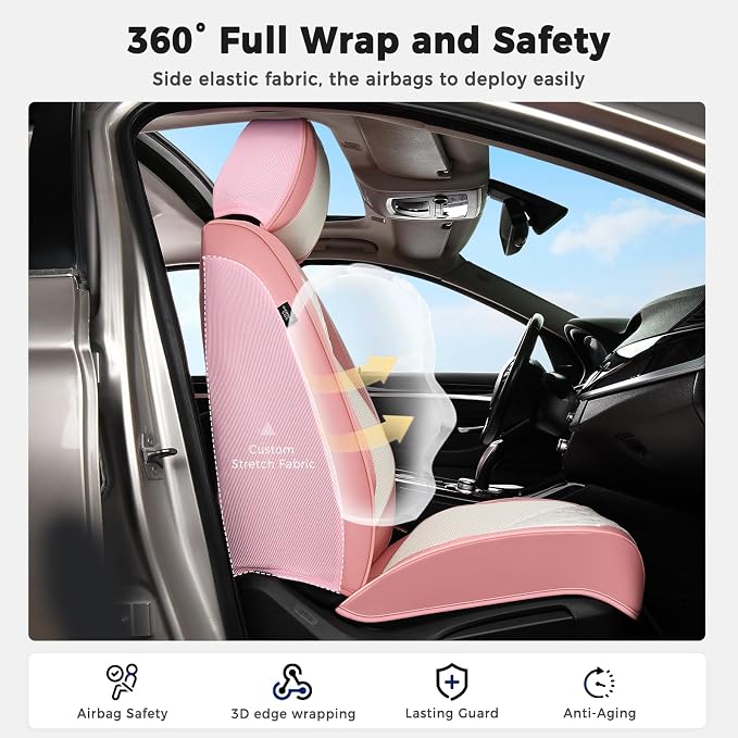 Huidasource Leather Seat Covers for Cars, Front and Rear Car Seat Covers Full Set, Waterproof Automotive Car Seat Cushion Cover 5 Seats Fit for Most Cars SUV Trucks, Pink & White