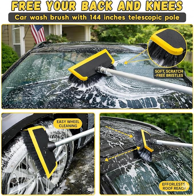 18FT Reach Car Wash Brush with Long Handle, Car Wash Kit with 4.6-12 Telescoping Pole, 20L Collapsible Bucket, Microfiber Cleaning Mop, Mitt, Window Squeegee for RV Truck SUV Boat Solar Pane Washing