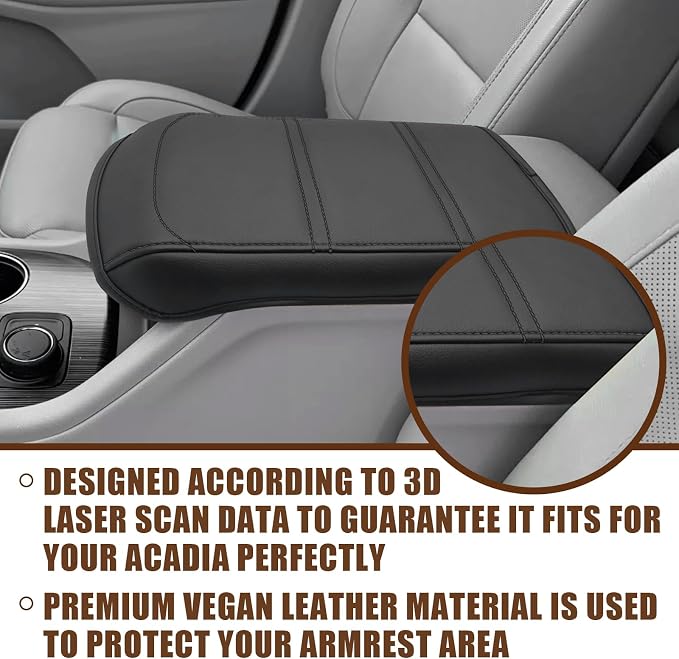 Muslogy Center Console Armrest Cover Fit for GMC Acadia 2023 2022-2017 Accessories, Comfort Armrest Pad Console Lid Cushion Vegan Leather Regular Thick(Black/Black Trim)