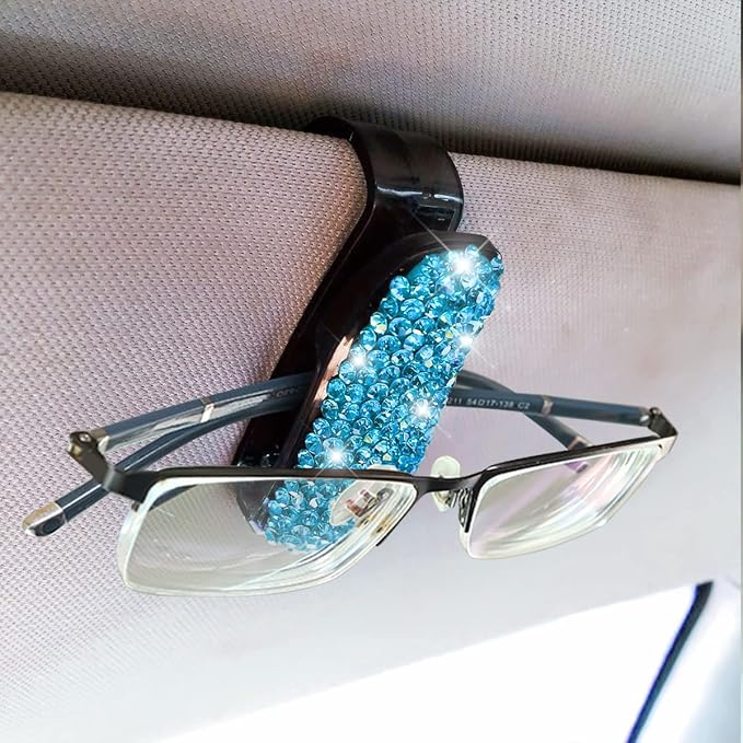Moly Magnolia Bling Car Glasses Holder, 2PCS Handcrafted Crystal Rhinestones Fashion Car Sunglasses Mount with Card Clip for All Sun Visors, Auto Interior Accessories for Women Girl (Light Blue)
