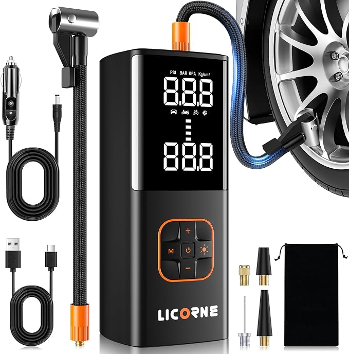 LICORNE Tire Inflator Portable Air Compressor, 5X Faster Portable Air Pump for Car Tires with 18000mAh Battery
