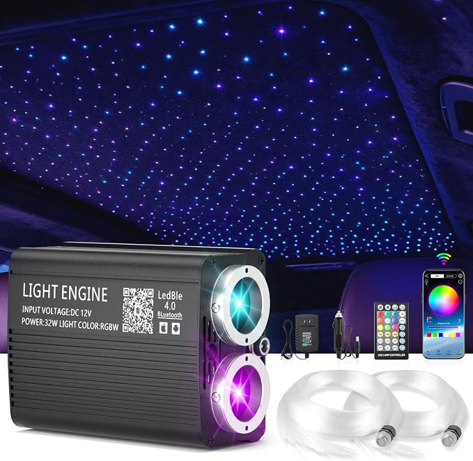 Starlight Headliner Kit 1100 Piece Twinkle 0.03in*13.1ft/0.75mm*4m, 32W Dual Color RGBW Changing Color,APP/Remote Control,Voice/Sound Activated for Home Theater SUVs Truck