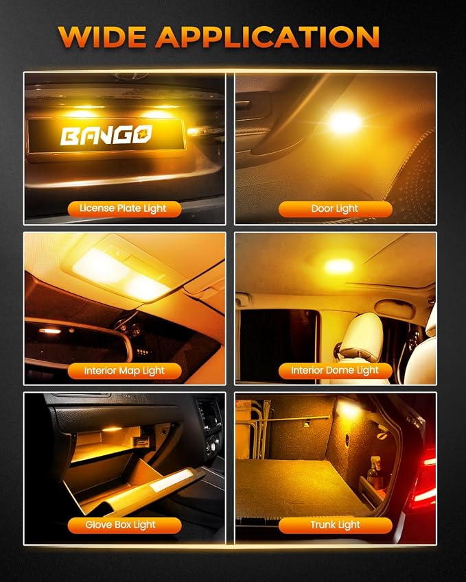 BANGO 24 Pieces Car LED Interior Light Bulbs, Non-Polarity Design with Removal Tool, Suitable for Car Dome Map Door Trunk License Plate Lights, Etc. (Amber Yellow)