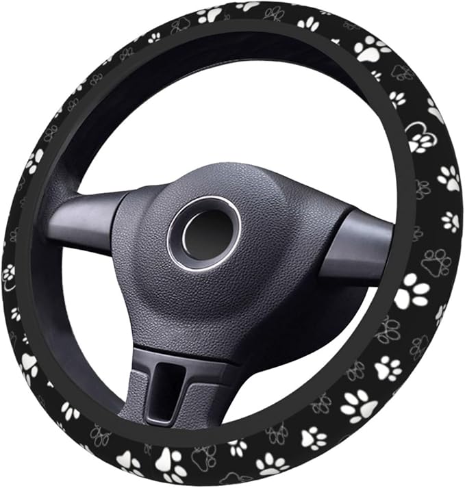 Paw Print Steering Wheel Cover - Black White Dog Paw Steering Wheel Car Accessories Universal 15 Inch Cute Steering Wheel Cover Girls Women Men Anti Slip Breathable Wheel Cover