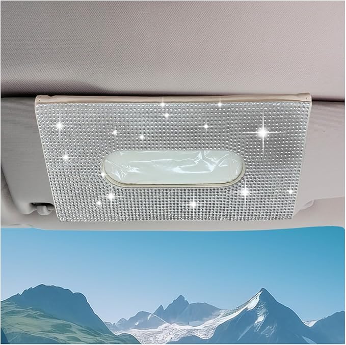 Bling Car Sun Visor Tissue Box Holder, PU Leather Auto Paper Towel Cover, Glitter Crystal Rhinestone Napkin Holder, Car Decoration Accessories for Women (Beige/White)