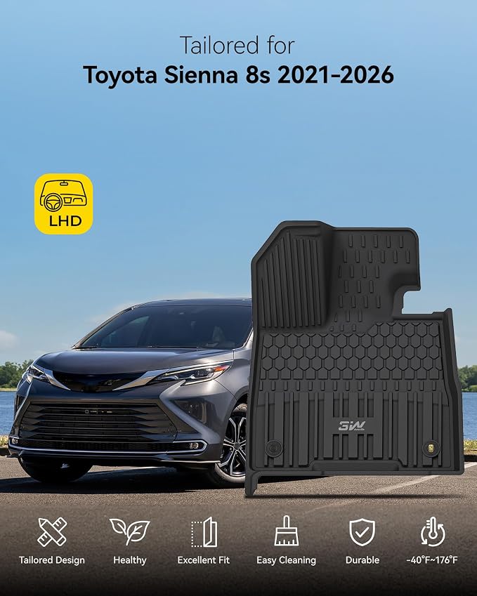 3W Floor Mats & Trunk Mat& Backrest Mats for Toyota Sienna 2021-2026 LE/XLE(Only for 8 Seat), TPE All Weather Custom Fit Floor Liner for Sienna 1st, 2nd and 3rd Row and Cargo Mat, Black