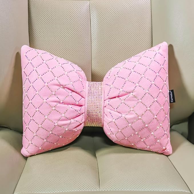 Carwales Pink Bow Lumbar Support Pillow for Car Accessory Women Girl Couch Cushion Decorative Back Pillow Bling Rhinestone Pearls 1 Pack