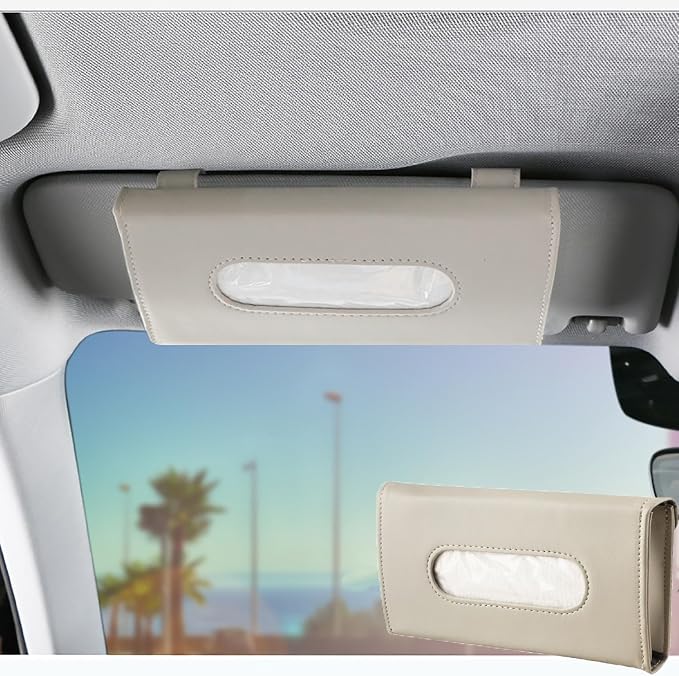 YVPSI Car Tissue Holder Sun Visor Napkin Holder with Tissue (Beige) | Refill Car Mask Holder PU Leather Tissue Box Tissue Box Holder Hanging Tissue Holder Mask Dispenser for Car