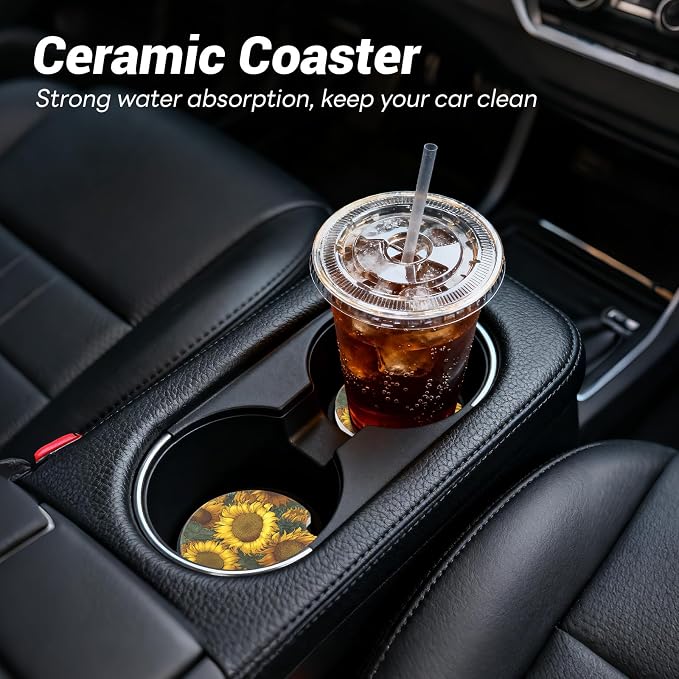 2 Pack Ceramic Car Coasters for Cup Holder, 2.56 in Anti Slip Absorbent Coaster with Cork Base and Finger Notch, Funny Cute Car Accessories for Women, Sunflower