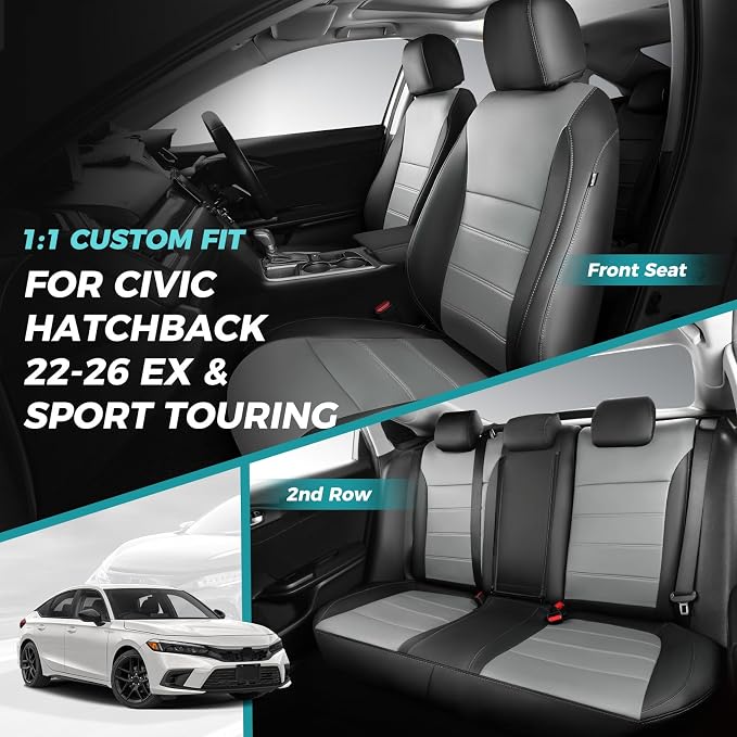 Seat Covers for Honda Civic Hatchback Sport Touring Hybrid 2022-2026 & EX-L 2022-2024, Faux Leather Car Seats Cover Full Set (60/40 Split Seatback-with Rear Armrest) Black Grey