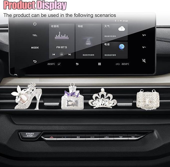 4PCS Bling Car Air Vent Clip, Crystal Rhinestone Heels Bag Crown Perfume Bottle Dashboard Air Vent Trim Clips, Car Interior Outlet Diffuser Decoration Accessory for Women (Silver)