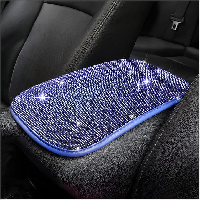 Moly Magnolia Bling Center Console Cover, Diamond Fashion ArmRest Pad, Crystal Soft Arm Rest Protective Cushion, Car Accessories for Women Girls, 11.8"×8.5" for Most of Vehicles, SUVs, Trucks (Blue)