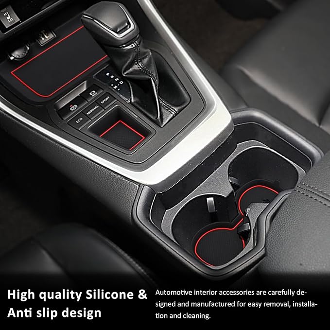 Auovo 3D Cup Holder Insert Liners Compatible with Toyota RAV4 Accessories 2025 2024 2023 2022 2021 2020 2019 Car Custom Cup Holder Mats Pads 4-pc Set (Red Trim)