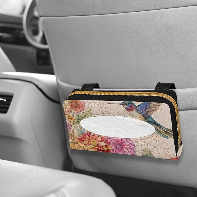 Hummingbird Bohe Flower Car Visor Tissue Holder Premium Car Tissue Box Holder PU Leather Tissues Box Cover for Car