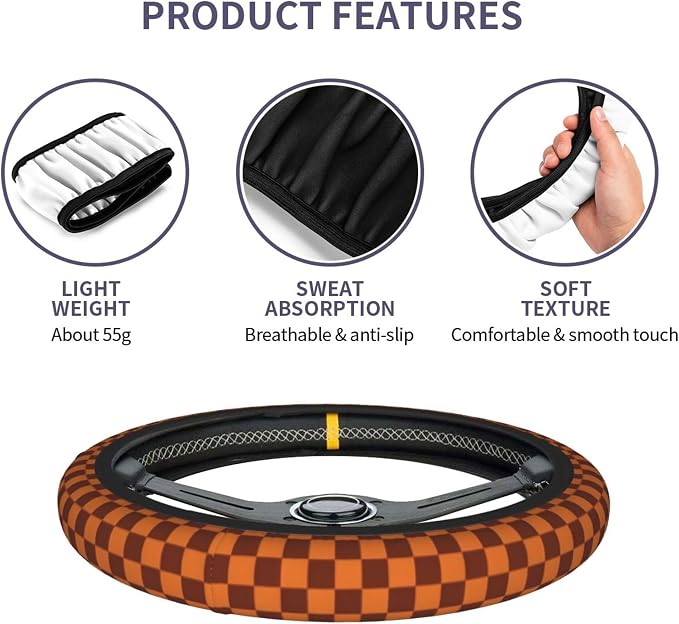 Checkered Brown Steering Wheel Cover - Brown Checkered Steering Wheel Cover Anti-Slip Breathable for 15 in Universal 2 Pcs Car Interior Cup Holder Pad for Men Women