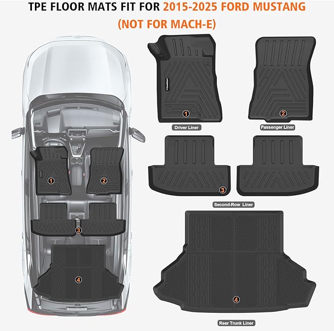 Floor Mats Cargo Liner for Ford Mustang 2015-2025 (NOT for Mach-E) | All Weather TPE Floor Liners Full Set Automotive Mats for 2025 Mustang Accessories