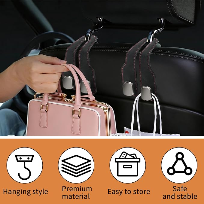 2 Pack Car Seat Headrest Hooks for Purses and Bags, Car Purse Holder With Double Metal Hooks, Headrest Back Seat Handbags Hook, Universal Car Purse Hanger, Cute Car Hanging Accessories, Black