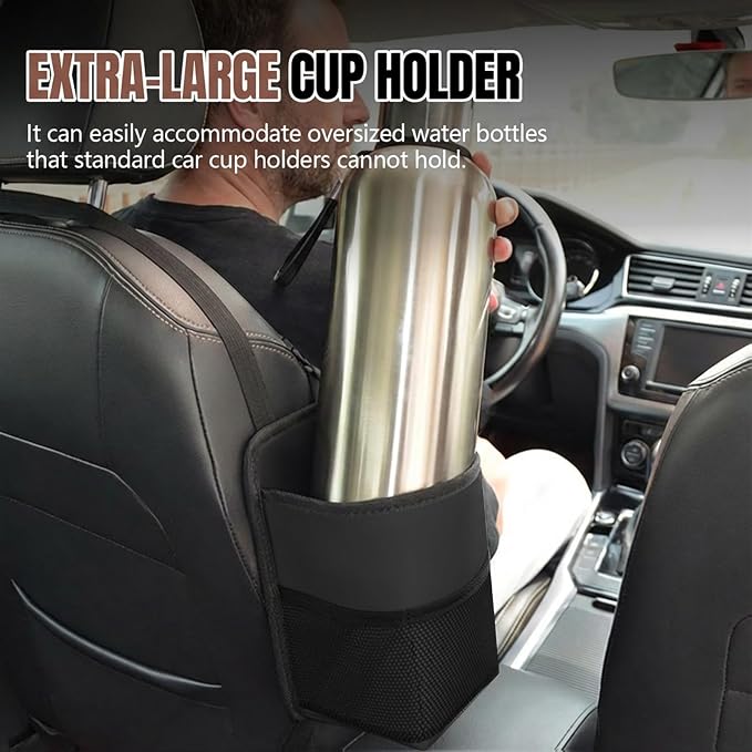 2 in 1 Large Cup Holder, 80oz Auto Water Bottle Holder Bag, Multifunctional Car Hanging Storage Bag for Big Drinks, Items, Vehicle Seat Side Organizer with Mesh Pocket, Car Accessories (Black)