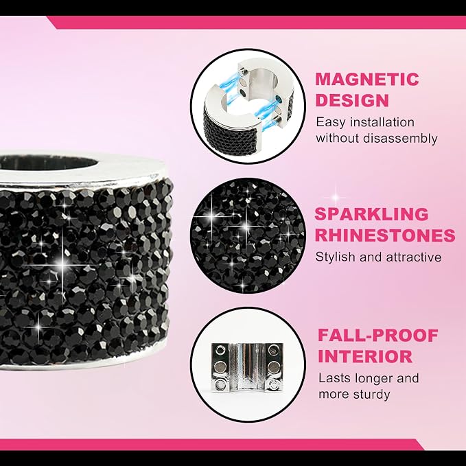 Rislobx 2PCS Magnetic Car Headrest Collars, Rhinestone Car Head Rest Collars Rings Decor, Bling Car Accessories for Women, Interior Decor Car SUV Truck (Black)