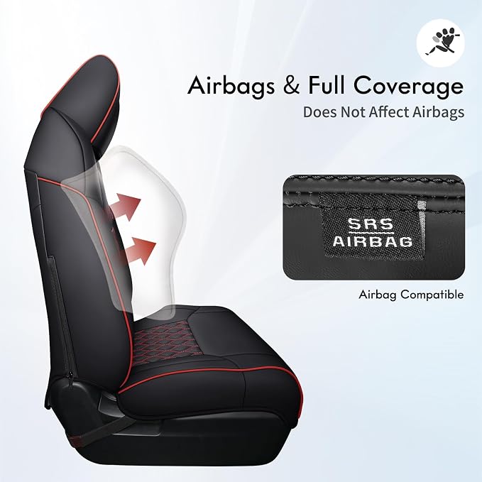 Huidasource Front Car Seat Covers for Dodge Ram, Waterproof Seat Cushion Ram Pickup Truck Seat Protector Fit for 2009-2025 Ram 1500, 2010-2025 Ram 2500/3500 Crew/Mega Cab(Concave Front/Black&Red)