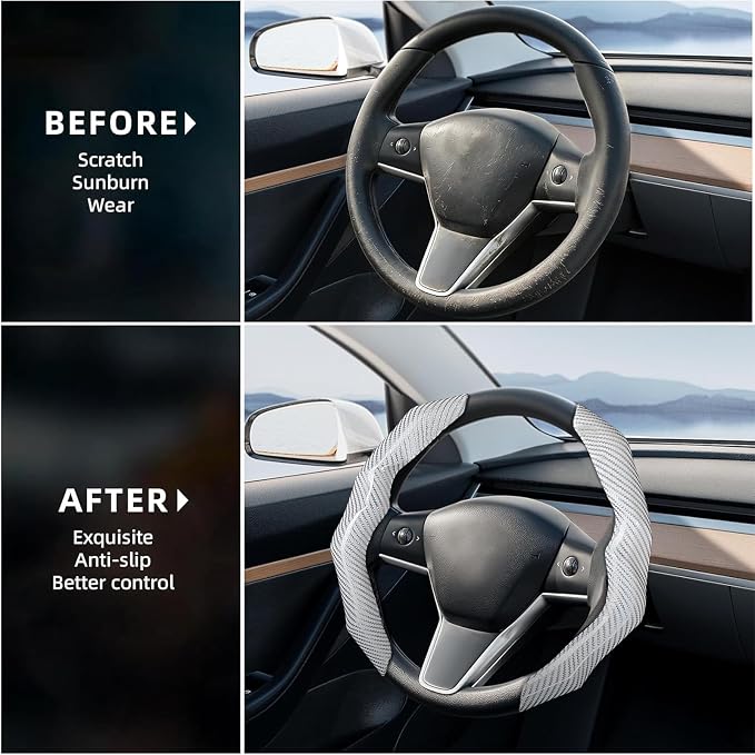 Carbon Fiber Steering Wheel Cover 2PCS Segmented Clip-on Protector (White) | Universal Fit, Anti-Slip Lining, Sporty Style, Car Interior Accessory for Men and Women