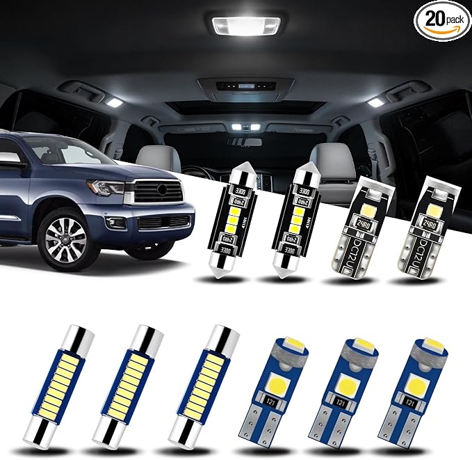 EASY EAGLE LED Interior Car Lights for Toyota-Sequoia-2008-2021: 20 Piece Kit White LED Light Bulbs - Super Bright 6000K + Install Tool