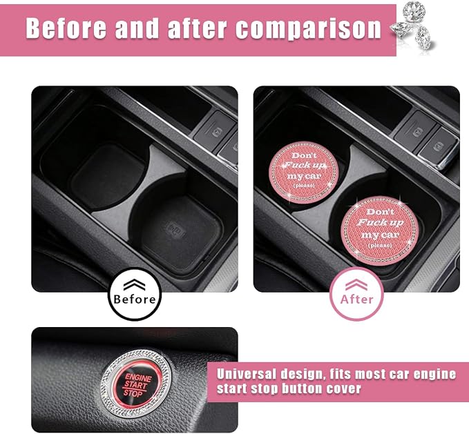 Ziciner 2 Pack Bling Car Cup Holder Coasters with Start Stop Button Cover, 2.75 inch Crystal Rhinestone Soft Rubber Auto Cup Insert Pad, Non-Slip Universal Vehicle Interior Accessories (Pink)