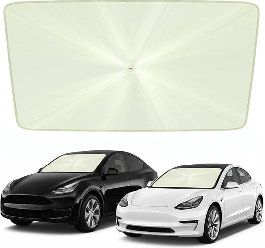 helloleiboo Custom Fit Tesla Model 3/Y Windshield Sun Shade Umbrella, Foldable 5-Layer Vinyl Coating, Reflective Heat and UV Protection