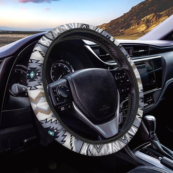 Wanyint Auto Steering Wheel Cover for Women Men, Universal 15 Inch Soft Elastic Steering Wheel Wrap Anti-Slip Easy to Install Car Accessories, Southwest Aztec Blue Gray