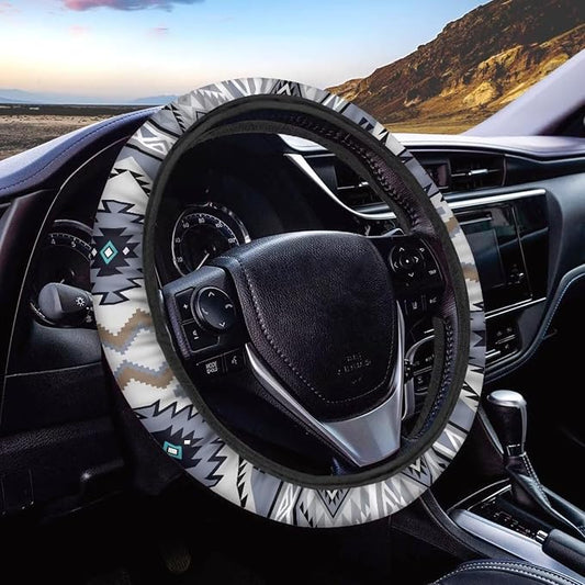 Wanyint Auto Steering Wheel Cover for Women Men, Universal 15 Inch Soft Elastic Steering Wheel Wrap Anti-Slip Easy to Install Car Accessories, Southwest Aztec Blue Gray