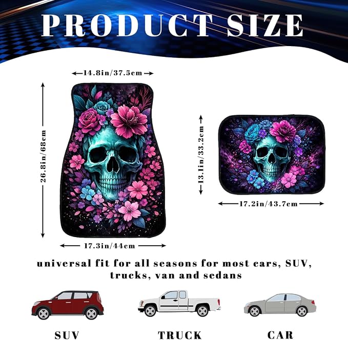 Skull Car Floor Mats Set of 4 Floral Gothic Dark Bloom Art Carpet Front Rear Carpets Mat Decorative Car Floor Carpets Non-Slip Auto Car Accessories Universal Fit for Car SUV Truck Van