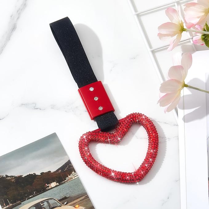 Fabbay Bling Car Accessories Bling Heart Handle Ring Car Accessory for Women Hand Strap Drift Charm Rear Bumper Warning Ring Decor for Auto Bus Interior Exterior Decoration (Red, Heart Style)