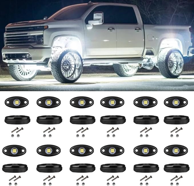 12pods White Rock Lights for Trucks Utv ATV Wired and Wireless Switch Kits | 6000K Pure White Rock Lights kit IP68 Waterproof