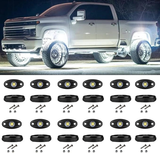 12pods White Rock Lights for Trucks Utv ATV Wired and Wireless Switch Kits | 6000K Pure White Rock Lights kit IP68 Waterproof